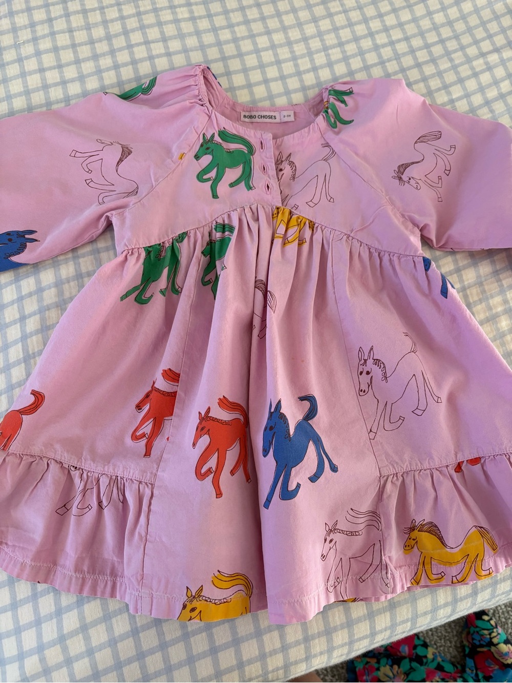 Bobo Choses Pink Long Sleeve Tiered Dress with Multicolor Horse Prints